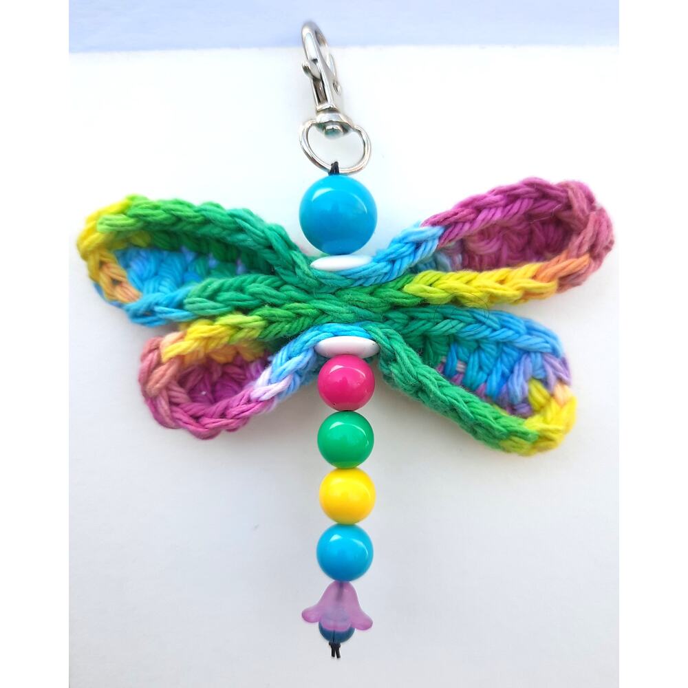 Handmade Crochet Dragonfly Bag Charm Rainbow Upcycled Beaded Purse Keychain NEW